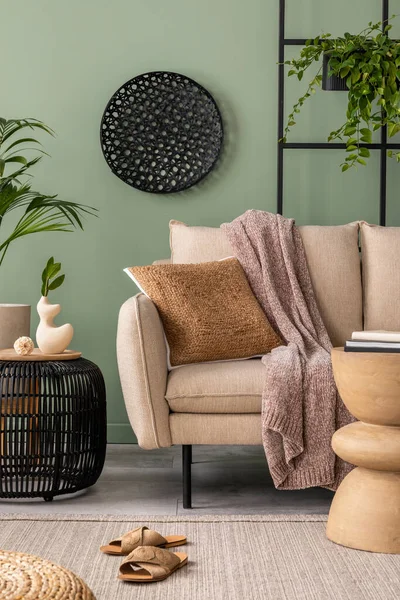 Stylish Composition Living Room Interior Design Beige Sofa Coffee Table — Stok fotoğraf