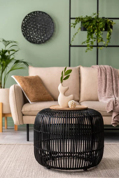 Stylish Composition Living Room Interior Design Beige Sofa Coffee Table — Stock Photo, Image