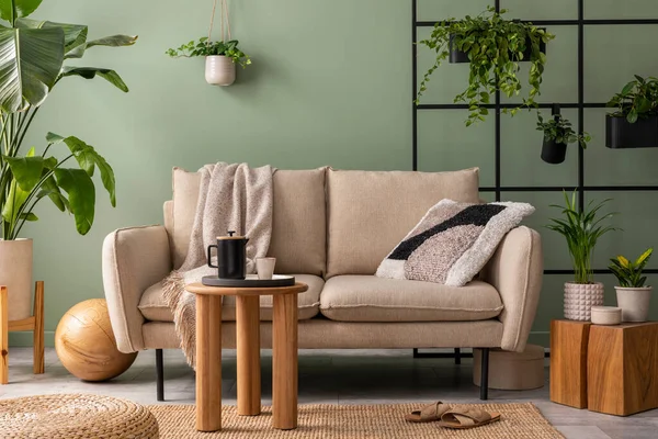 Stylish Composition Living Room Interior Design Beige Sofa Wooden Coffee — Stok fotoğraf