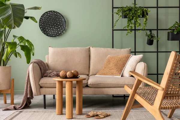 Stylish Composition Living Room Interior Design Beige Sofa Wooden Coffee — Stok fotoğraf