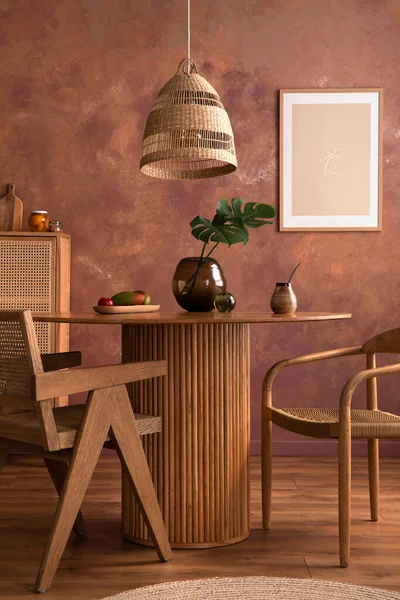 Stylish Boho Vintage Dining Room Interior Poster Mock Table Rattan — Stockfoto