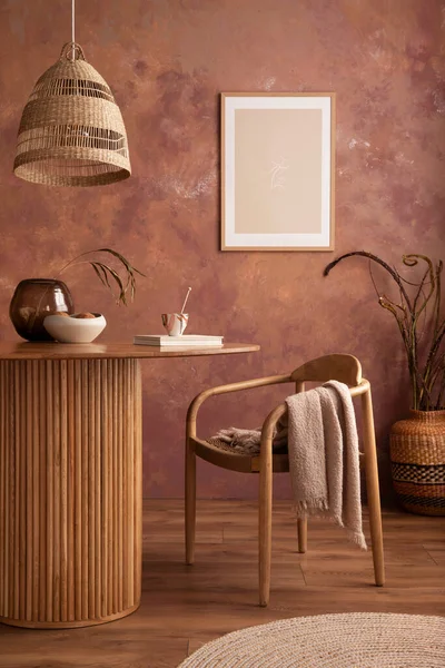 Stylish Boho Vintage Dining Room Interior Poster Mock Table Rattan — Stok Foto