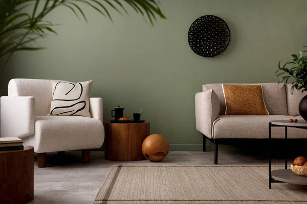 Stylish Composition Living Room Interior Green Wall Grey Sofa Brown — Stok fotoğraf
