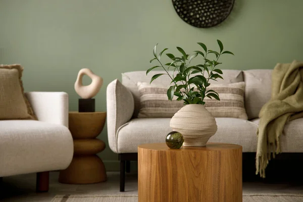 Stylish composition of living room interior with green wall, grey sofa with pillow and green plaid. White armchair with beige pilow, wooden coffee table with beige vase with green leaves and glass ball. Black vase with green flower. Template.