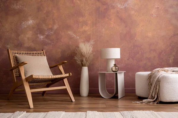 Stylish Composition Living Room Interior Rattan Armchair Pouf Vase Dried — ストック写真