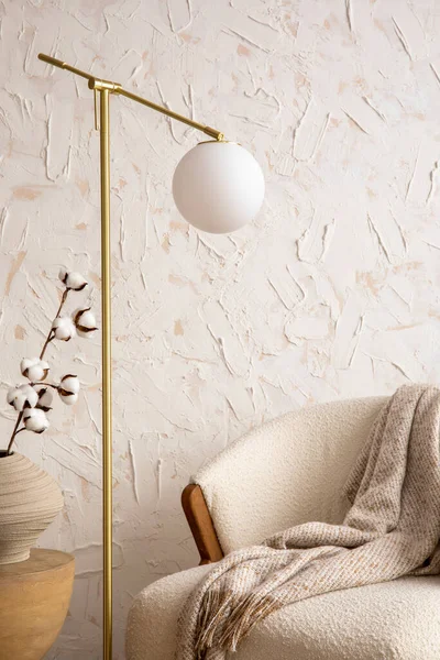 Stylish Composition Living Room Interior White Armchair Lamp Plaid Personal — Fotografia de Stock