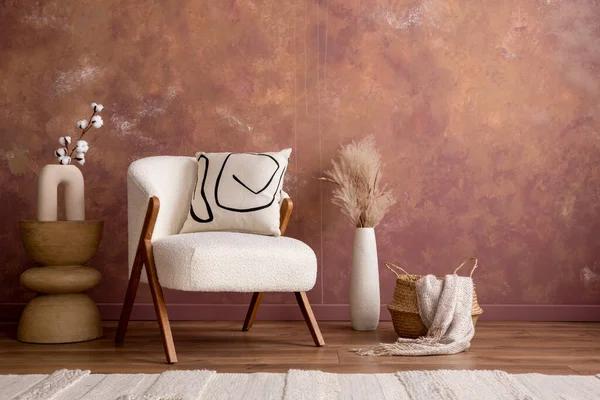 Stylish Composition Living Room Interior Copy Space White Armchair Basket — Fotografia de Stock