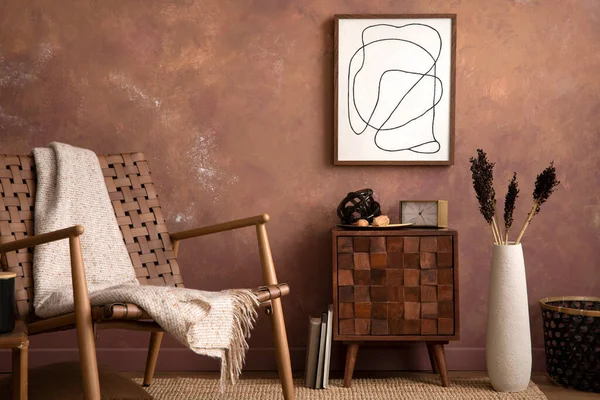 Stylish Compostion Living Room Interior Mock Design Wooden Sideboard Elegant — Stock fotografie