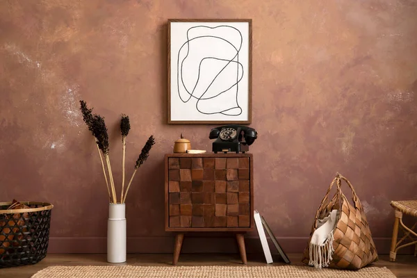 Stylish Compostion Living Room Interior Mock Design Wooden Sideboard Elegant — 스톡 사진