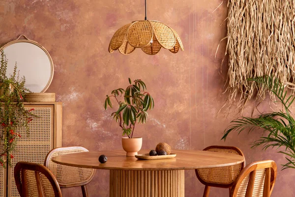 Stylish Boho Vintage Dining Room Interior Table Rattan Chair Commode — ストック写真