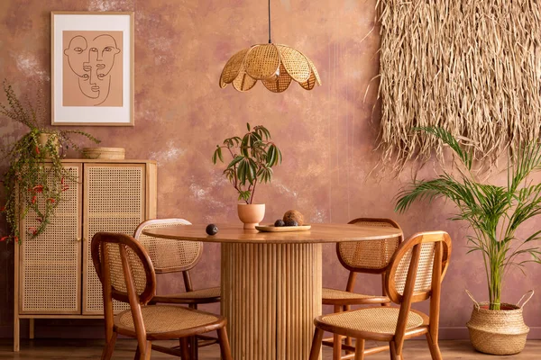 Stylish Boho Vintage Dining Room Interior Poster Mock Table Rattan — ストック写真