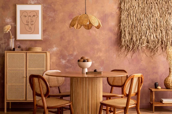 Stylish Boho Vintage Dining Room Interior Poster Mock Table Rattan — Zdjęcie stockowe