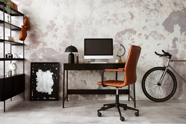 Concrete Interior Home Office Black Desk Brown Armchair Computer Screen — Foto de Stock