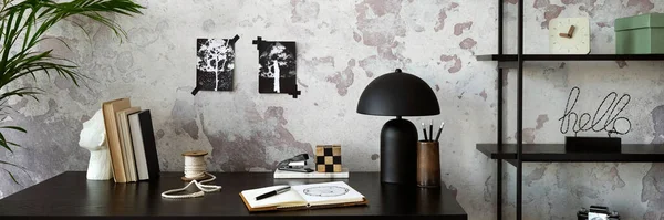 Concrete Interior Home Office Black Desk Lamp Image Office Accessories — ストック写真