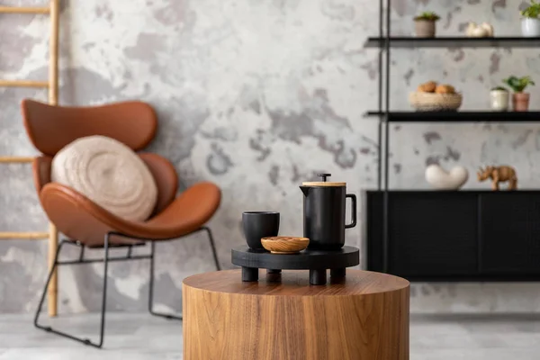 Stylish Composition Wabi Sabi Interior Coffee Table Black Accessories Armchair — стоковое фото