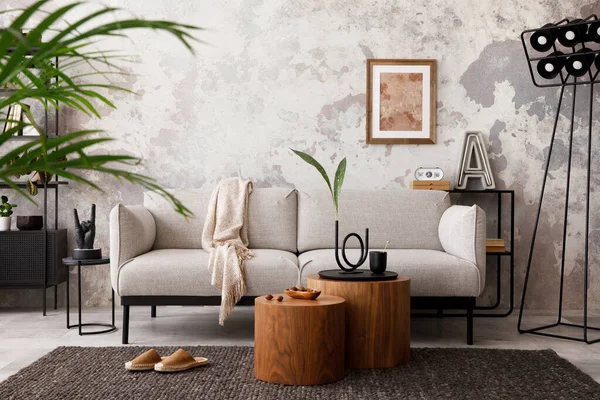 Stylish Compostion Living Room Interior Design Gray Sofa Armchair Woooden — стоковое фото