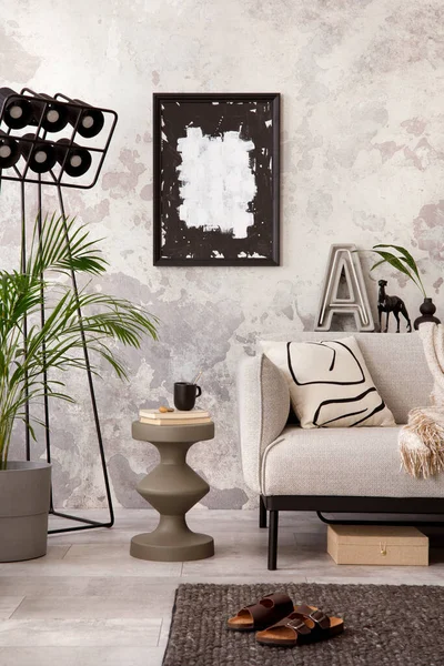 Stylish Compostion Living Room Interior Mock Poster Gray Sofa Coffee — стоковое фото