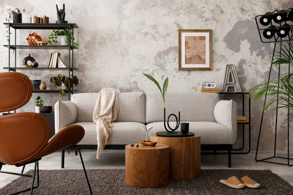 Stylish Compostion Living Room Interior Design Gray Sofa Armchair Woooden — Stock fotografie