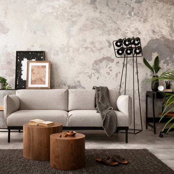 Stylish Compostion Concrete Living Room Interior Design Gray Sofa Wooden — Stockfoto