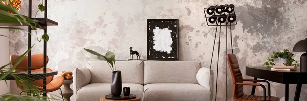 Stylish Compostion Living Room Interior Design Gray Sofa Wooden Coffee — Foto de Stock