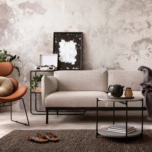 Stylish Compostion Concrete Living Room Interior Design Gray Sofa Wooden — Stock fotografie
