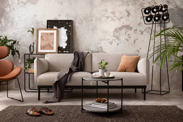 Stylish Compostion Living Room Interior Design Gray Sofa Wooden Coffee — Stock fotografie