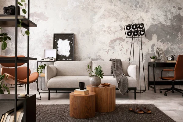 Stylish Compostion Concrete Living Room Interior Design Gray Sofa Wooden — Fotografia de Stock