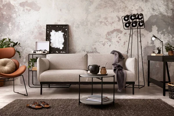 Stylish Compostion Concrete Living Room Interior Design Gray Sofa Wooden — стоковое фото