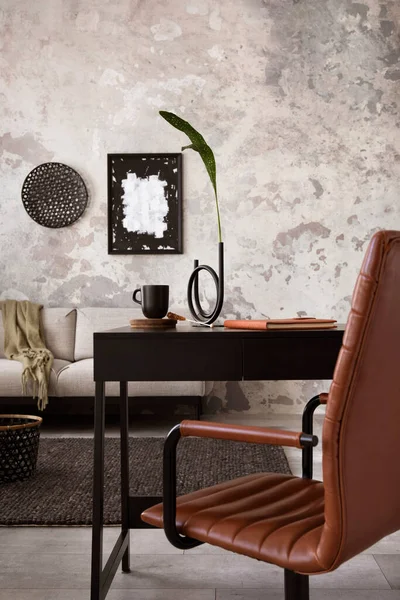 Stylish Compostion Concrete Living Room Interior Design Gray Sofa Brown — стоковое фото