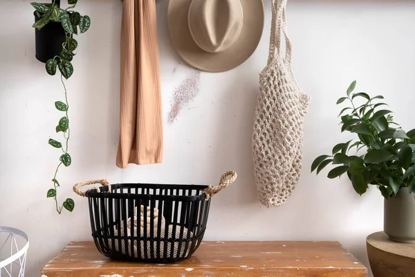 Stylish Composition Cosy Entryway Bench Basket Plants Personal Accessories Beige — Stockfoto