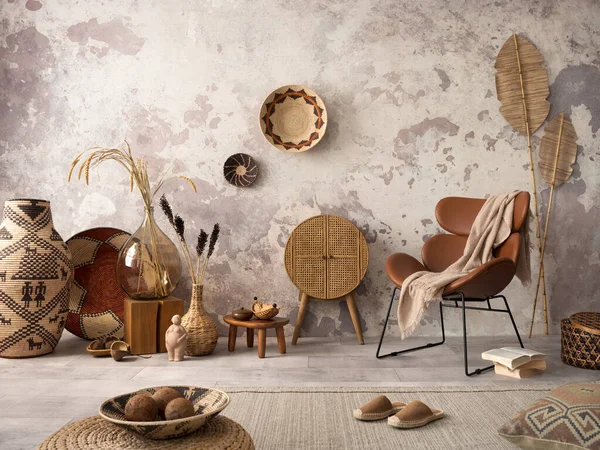Stylish Ethnic Composition Living Room Interior Design Brown Armchair Colorful —  Fotos de Stock