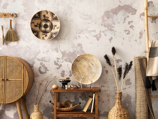 Stylish Ethnic Composition Living Room Interior Design Colorful Baskets Rattan — Zdjęcie stockowe