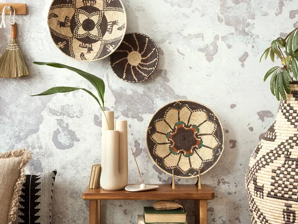 Stylish Ethnic Composition Living Room Interior Design Colorful Baskets Rattan —  Fotos de Stock