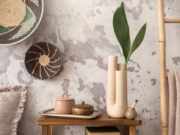 Stylish Ethnic Composition Living Room Interior Design Colorful Baskets Rattan — Stockfoto