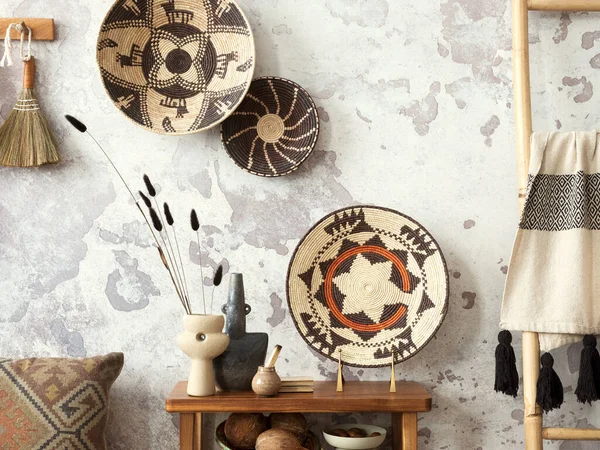 Stylish Ethnic Comoposition Living Room Interior Design Colorful Baskets Rattan — Stockfoto