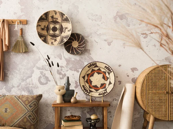 Stylish Ethnic Composition Living Room Interior Design Colorful Baskets Rattan — Fotografia de Stock