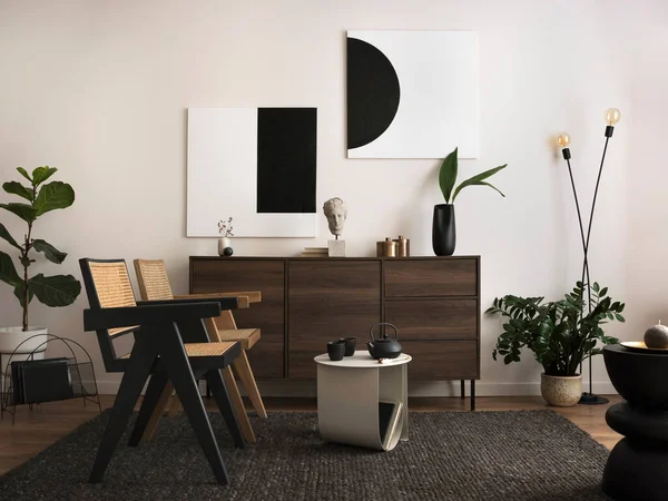 Stylish Compostion Living Room Interior Mock Wooden Commode Rattan Chairs — Φωτογραφία Αρχείου