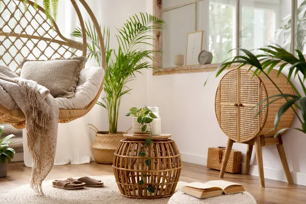 Stylish Boho Composition Changing Swing Pouf Window Commode Wooden Bench — 图库照片