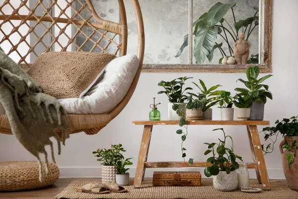 Stylish Boho Composition Changing Swing Pouf Window Commode Wooden Bench — Stockfoto