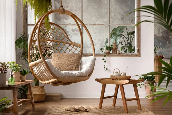 Stylish Boho Composition Changing Swing Stool Window Plants Beige Carpet — Stok fotoğraf