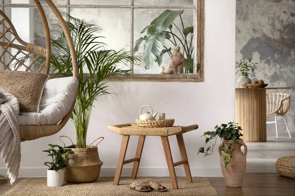 Stylish Boho Composition Changing Swing Stool Window Plants Beige Carpet — Stok Foto
