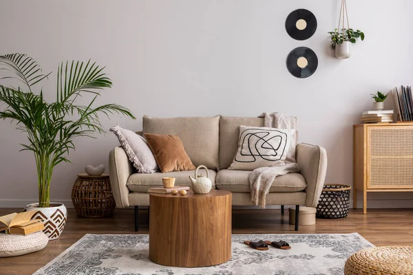 Stylish Composition Living Room Interior Beige Sofa Carpet Pillow Plaid — Stock Photo, Image