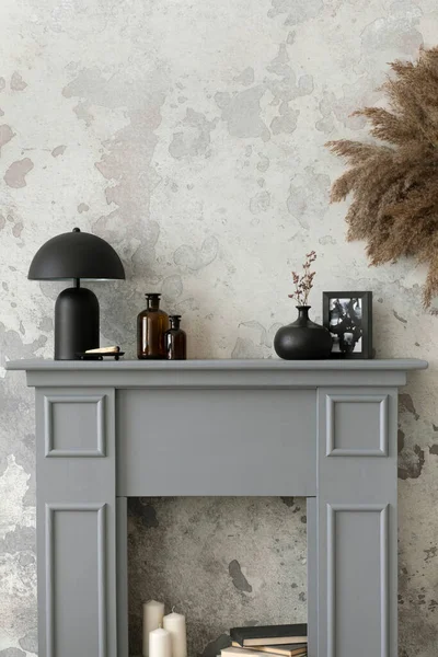 Stylish Living Room Interior Grey Fireplace White Armchair Concrete Wall — ストック写真