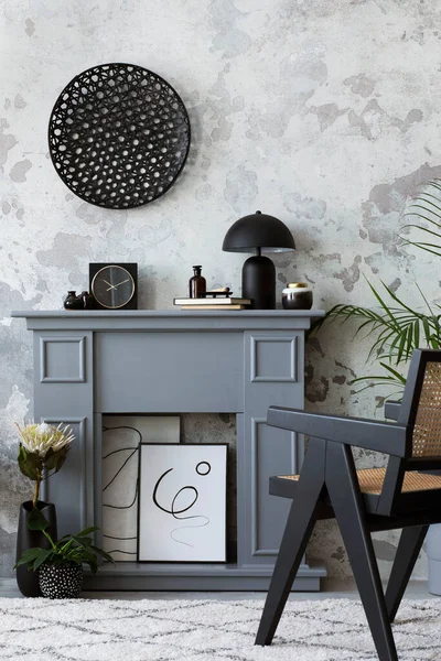Stylish Living Room Interior Mock Poster Grey Fireplace Rattan Armchair — Stock fotografie