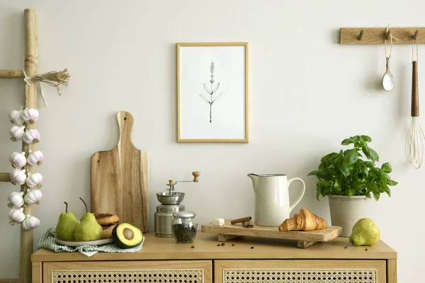 Interior design of kitchen space with rattan commode,  chair, herbs, vegetables, food and kitchen accessories in modern home decor. Mock up poster. Template. 
