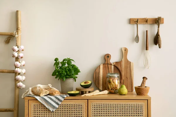 Interior Design Kitchen Space Rattan Commode Ladder Herbs Vegetables Food — Stok fotoğraf