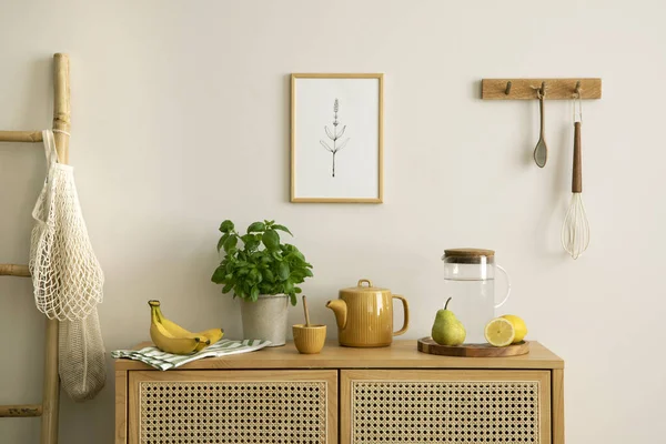 Interior Design Kitchen Space Mock Poster Rattan Commode Ladder Herbs — Foto de Stock