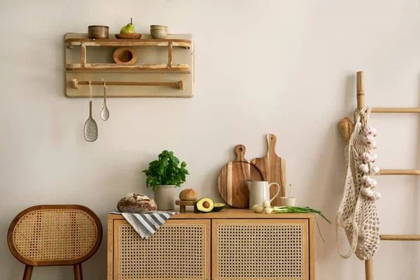 Interior Design Kitchen Space Rattan Commode Chair Ladder Herbs Vegetables — Zdjęcie stockowe