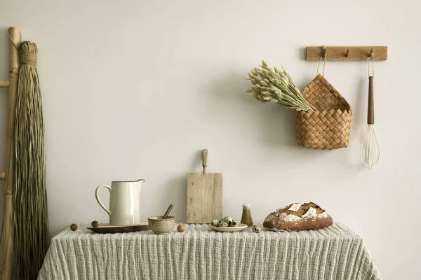 Interior Design Kitchen Space Table Tablecloth Ladder Bread Herbs Food —  Fotos de Stock