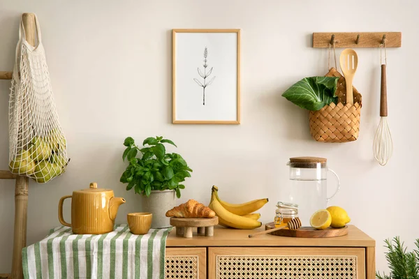 Interior design of kitchen space with rattan commode,  chair, herbs, vegetables, food and kitchen accessories in modern home decor. Mock up poster. Template. 